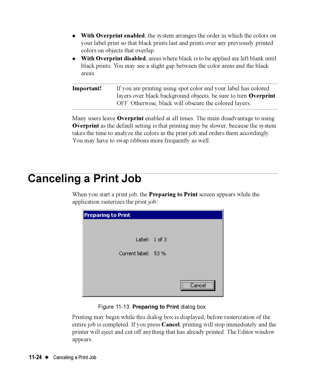 Brady 76800 manual Canceling a Print Job, Preparing to Print dialog box 