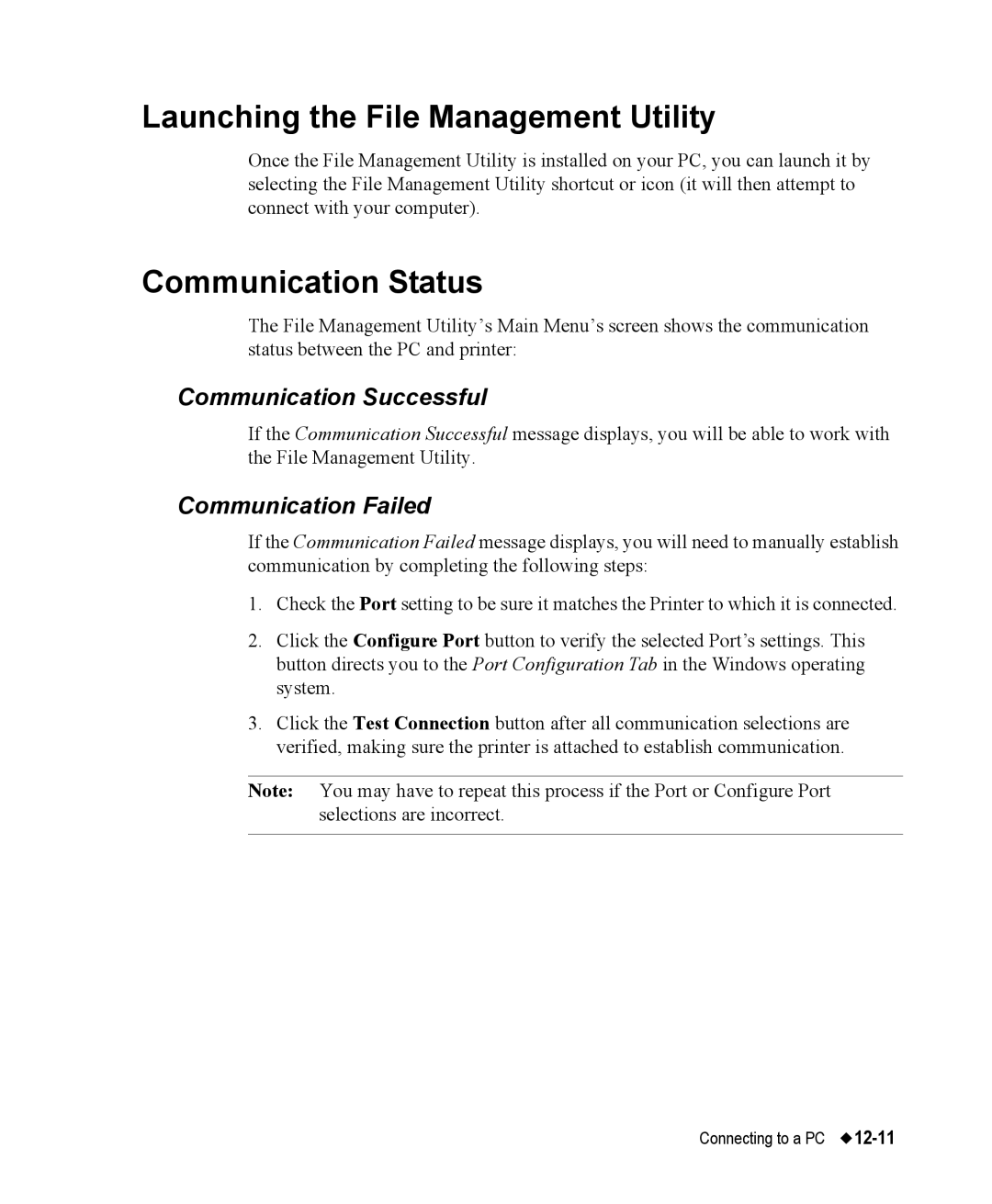 Brady 76800 Launching the File Management Utility, Communication Status, Communication Successful, Communication Failed 