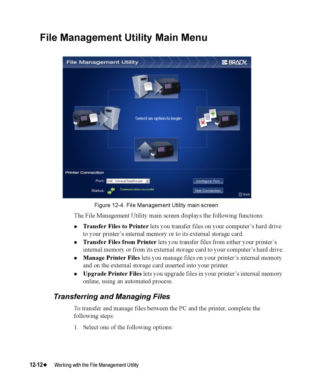 Brady 76800 manual File Management Utility Main Menu, Transferring and Managing Files 