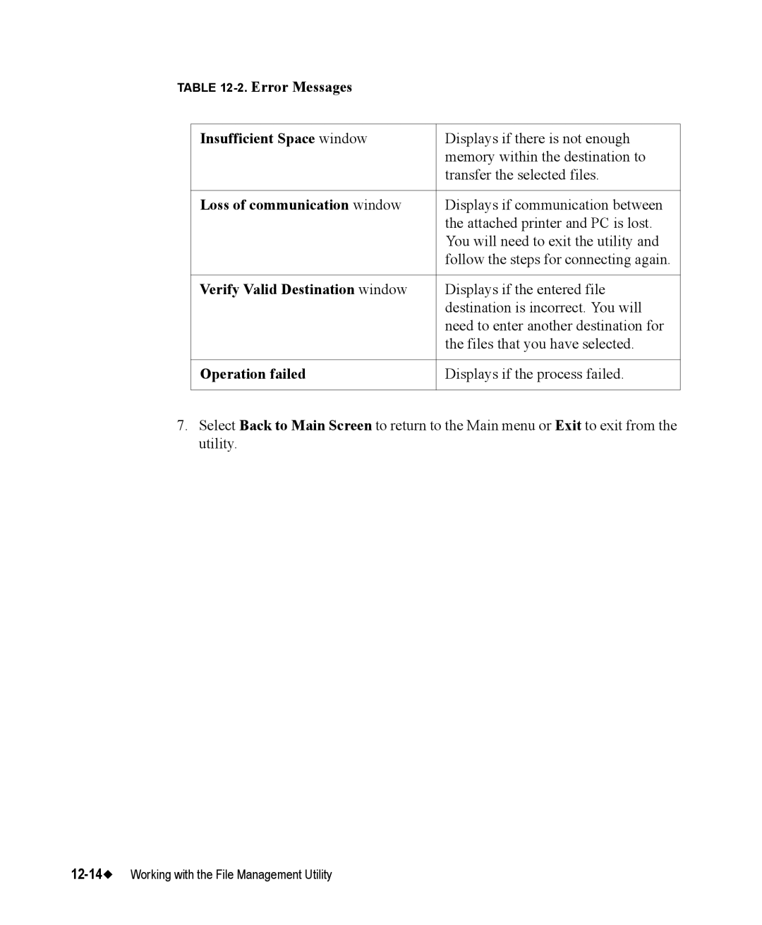 Brady 76800 manual Error Messages Insufficient Space window, Loss of communication window, Verify Valid Destination window 