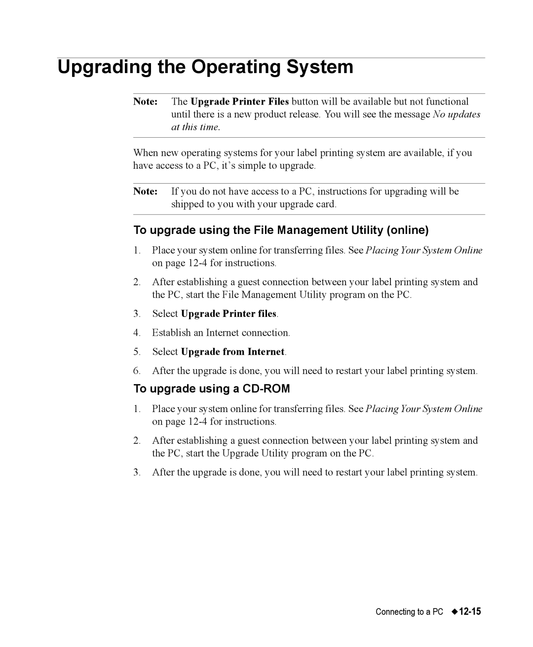 Brady 76800 Upgrading the Operating System, To upgrade using the File Management Utility online, To upgrade using a CD-ROM 