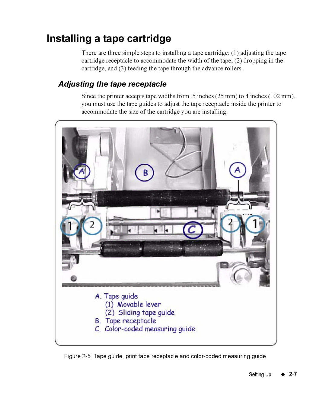 Brady 76800 manual Installing a tape cartridge, Adjusting the tape receptacle 