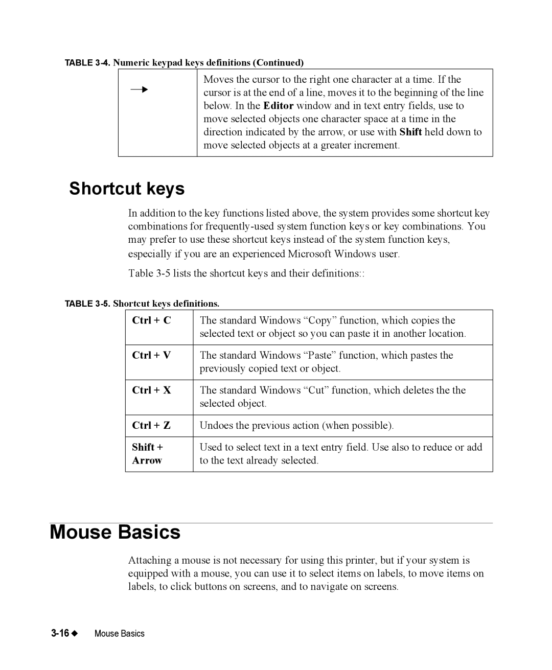 Brady 76800 manual Mouse Basics, Shortcut keys 