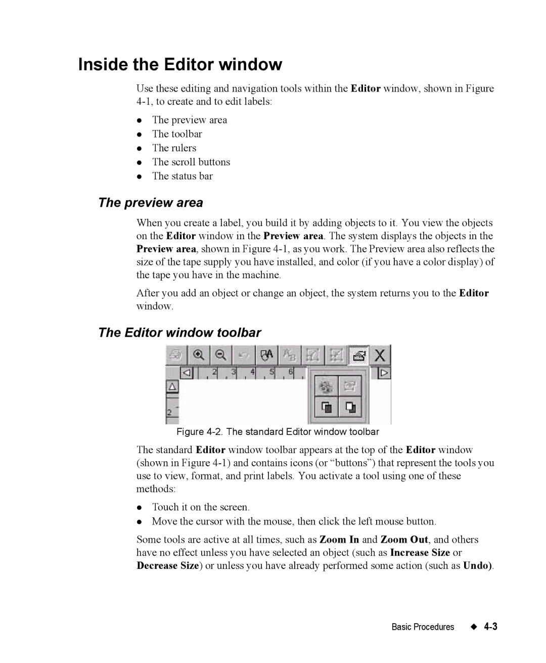 Brady 76800 manual Inside the Editor window, Preview area, Editor window toolbar 