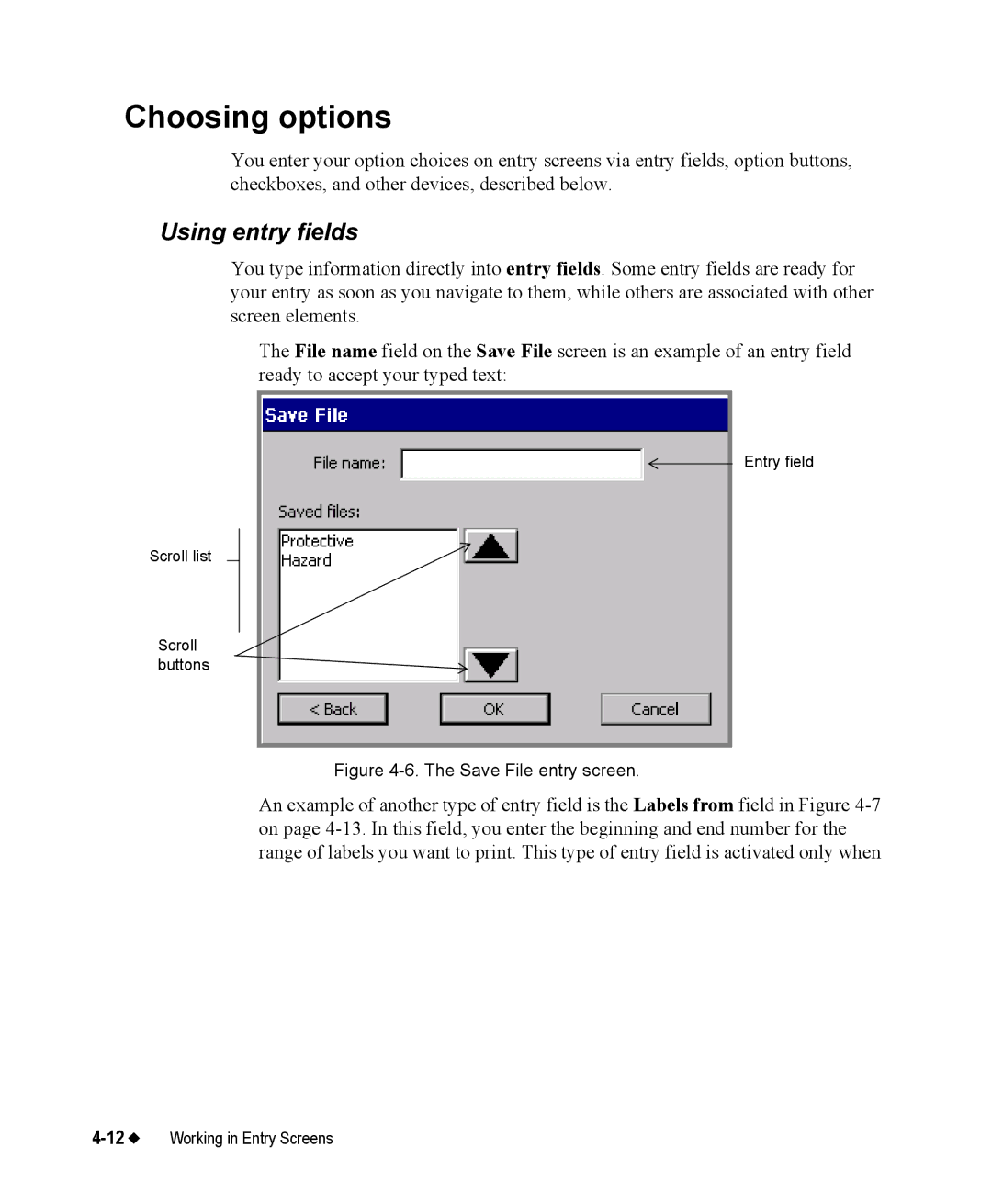 Brady 76800 manual Choosing options, Using entry fields 