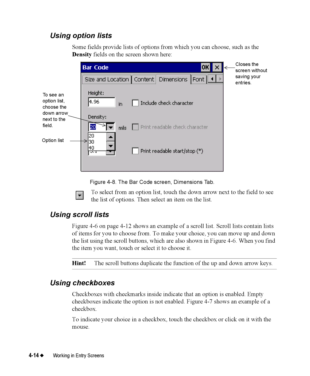 Brady 76800 manual Using option lists, Using scroll lists, Using checkboxes 