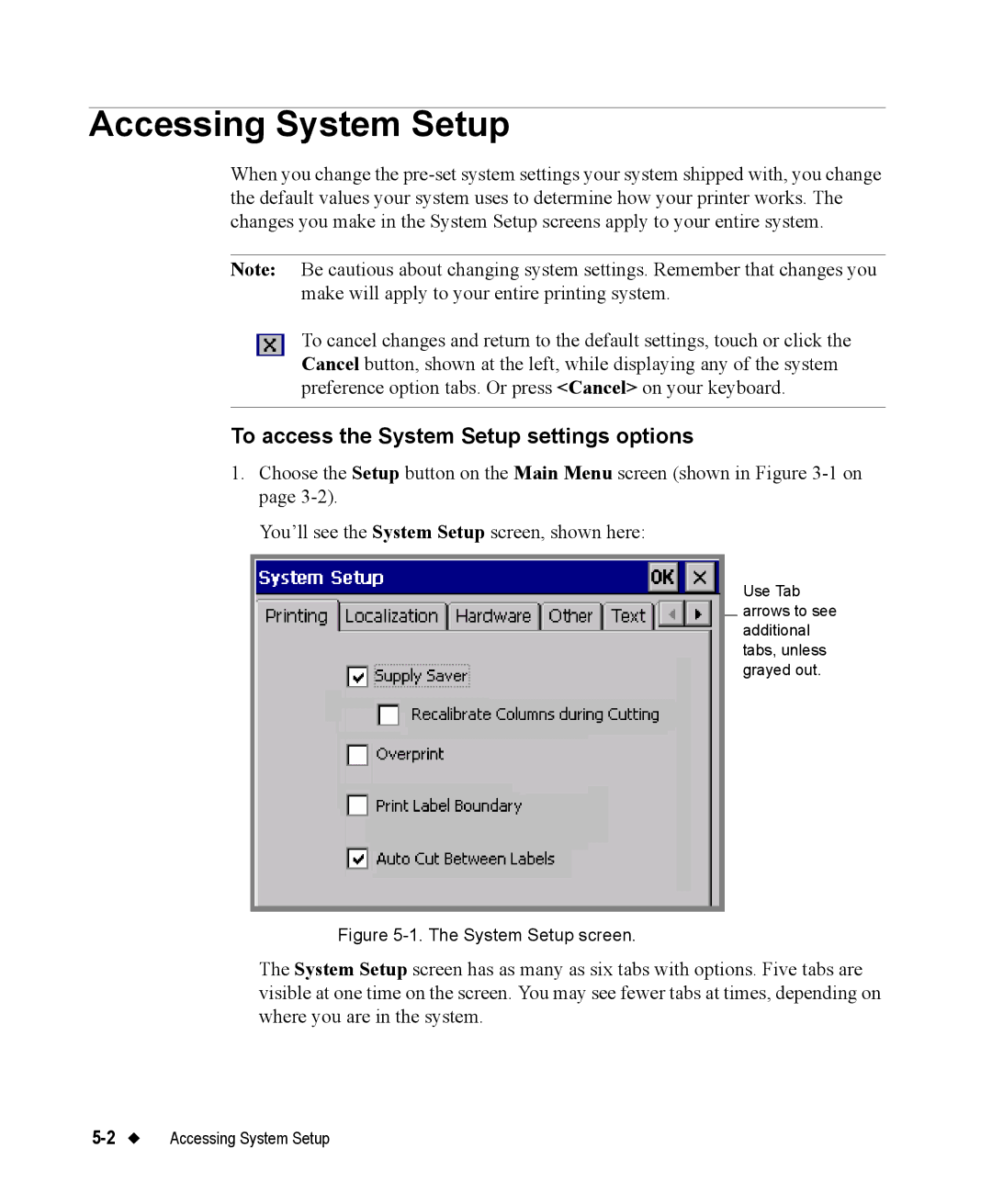 Brady 76800 manual Accessing System Setup, To access the System Setup settings options 