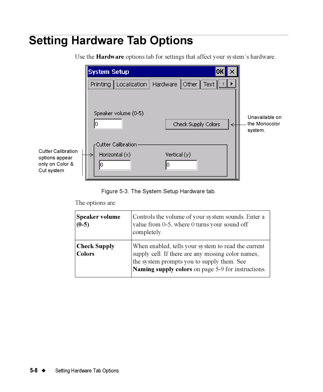 Brady 76800 manual Setting Hardware Tab Options, Speaker volume, Check Supply, Colors 