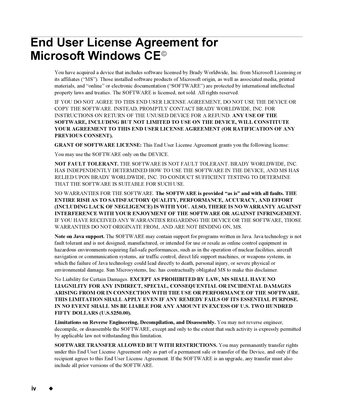 Brady 76800 manual End User License Agreement for Microsoft Windows CE 