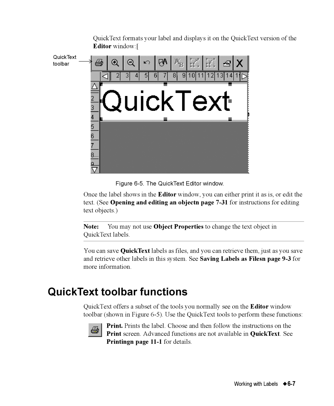 Brady 76800 manual QuickText toolbar functions, QuickText Editor window 