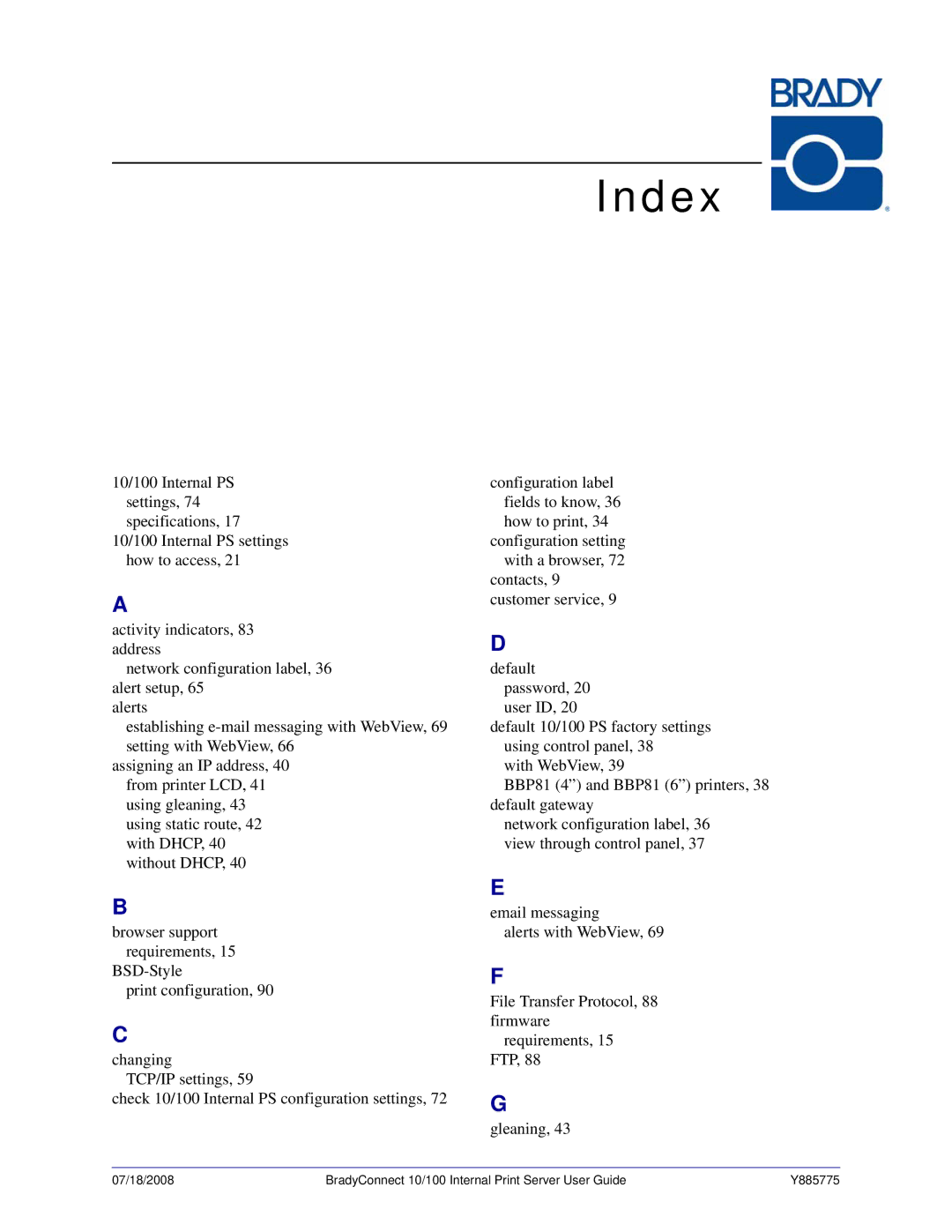 Brady BBP81 manual Index 