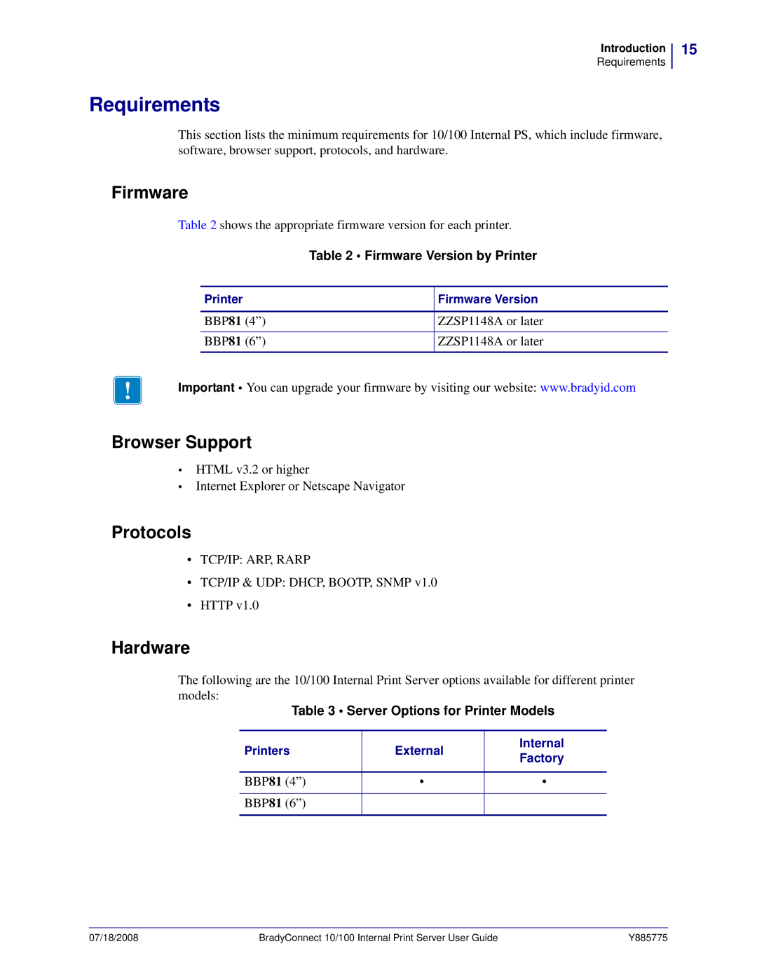 Brady BBP81 manual Requirements, Firmware, Browser Support, Protocols, Hardware 