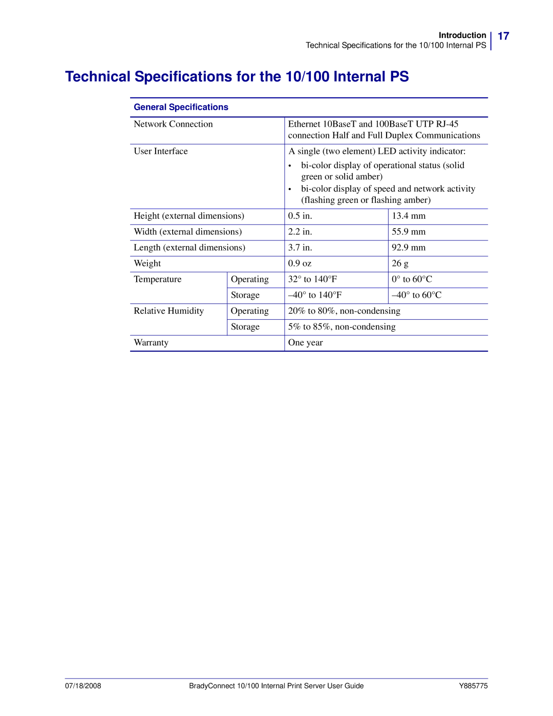 Brady BBP81 manual Technical Specifications for the 10/100 Internal PS 