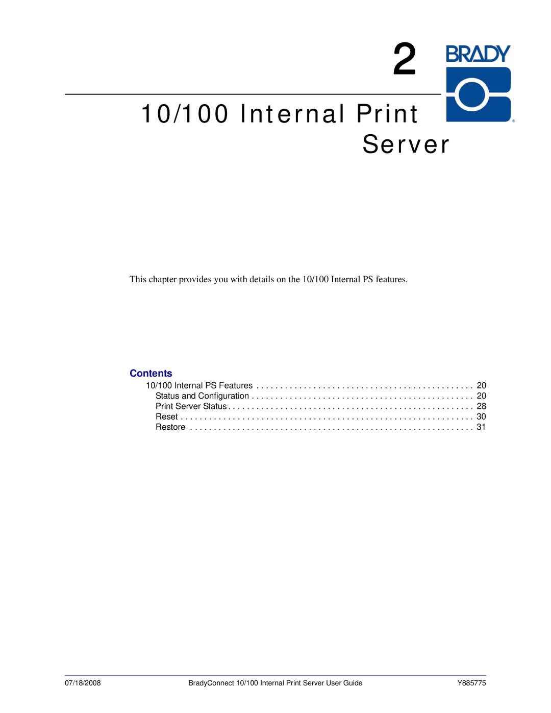 Brady BBP81 manual 10/100 Internal Print Server, Contents 