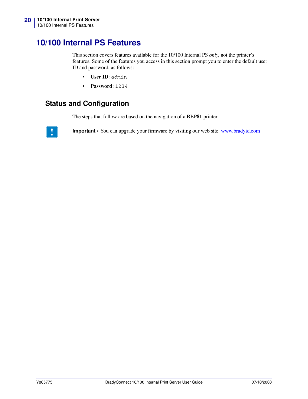 Brady BBP81 manual 10/100 Internal PS Features, Status and Configuration, User ID admin Password 