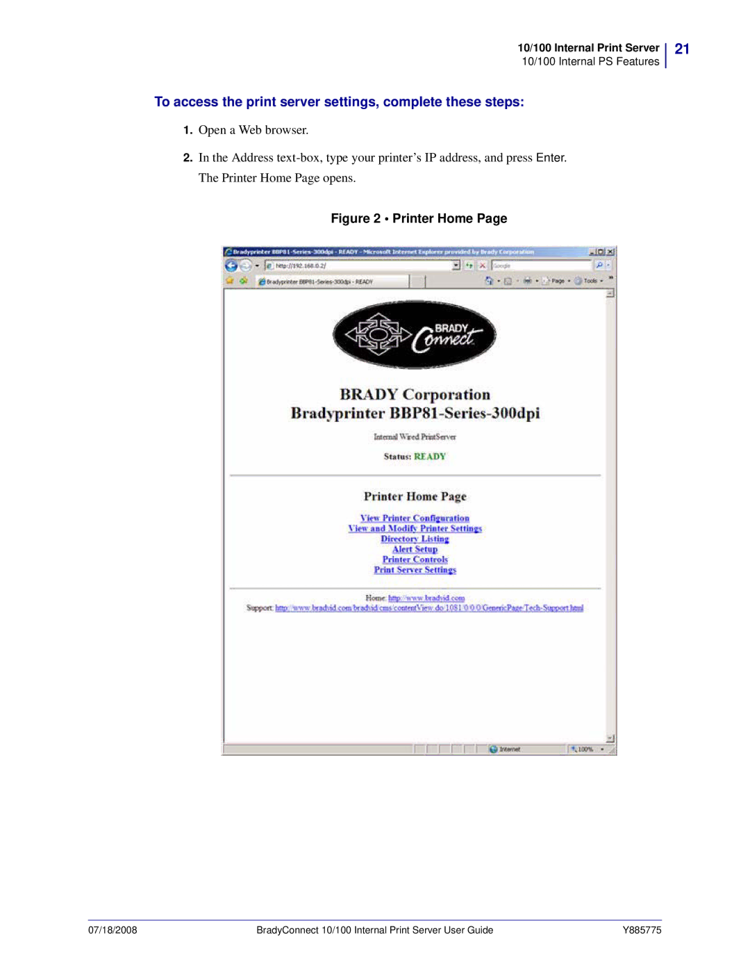 Brady BBP81 manual To access the print server settings, complete these steps, Printer Home 