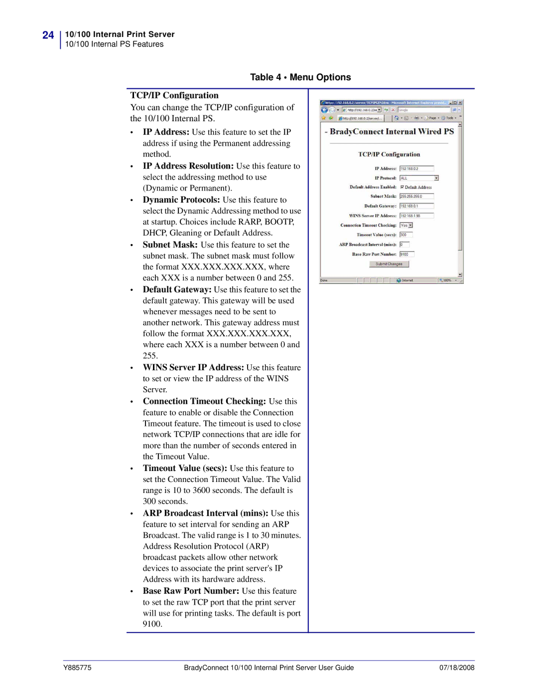 Brady BBP81 manual Menu Options, TCP/IP Configuration 