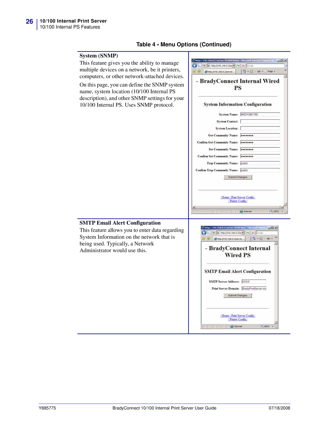 Brady BBP81 manual System Snmp, Smtp Email Alert Configuration 