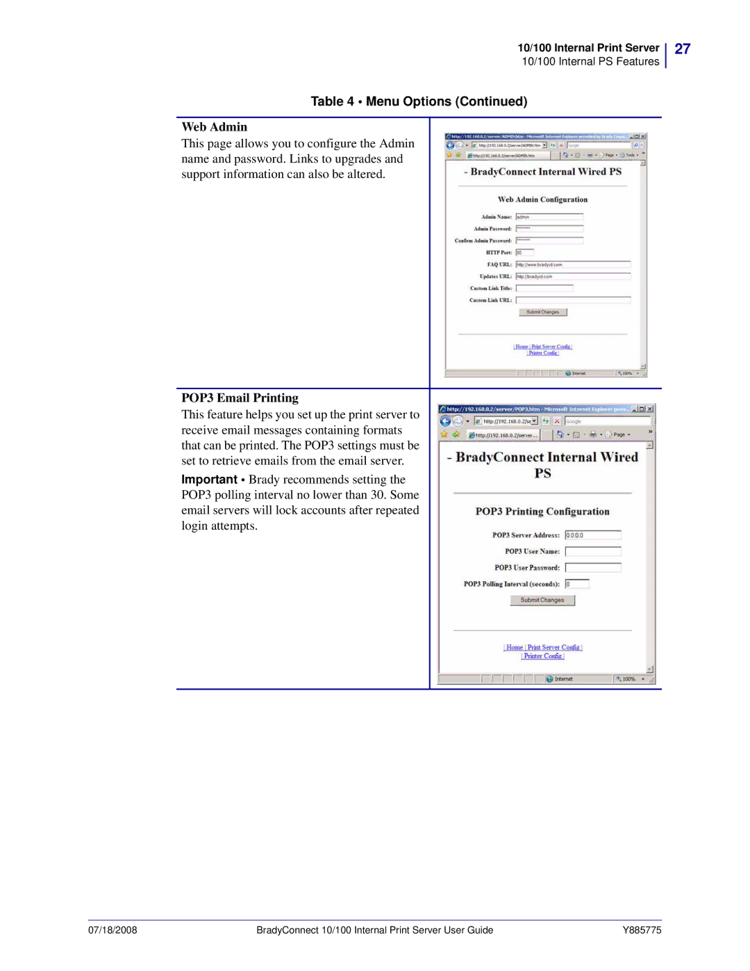 Brady BBP81 manual Web Admin, POP3 Email Printing 