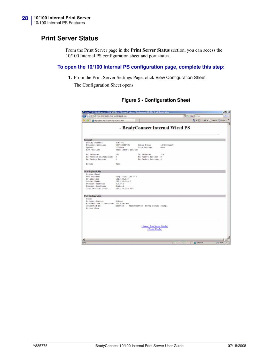 Brady BBP81 manual Print Server Status, Configuration Sheet 