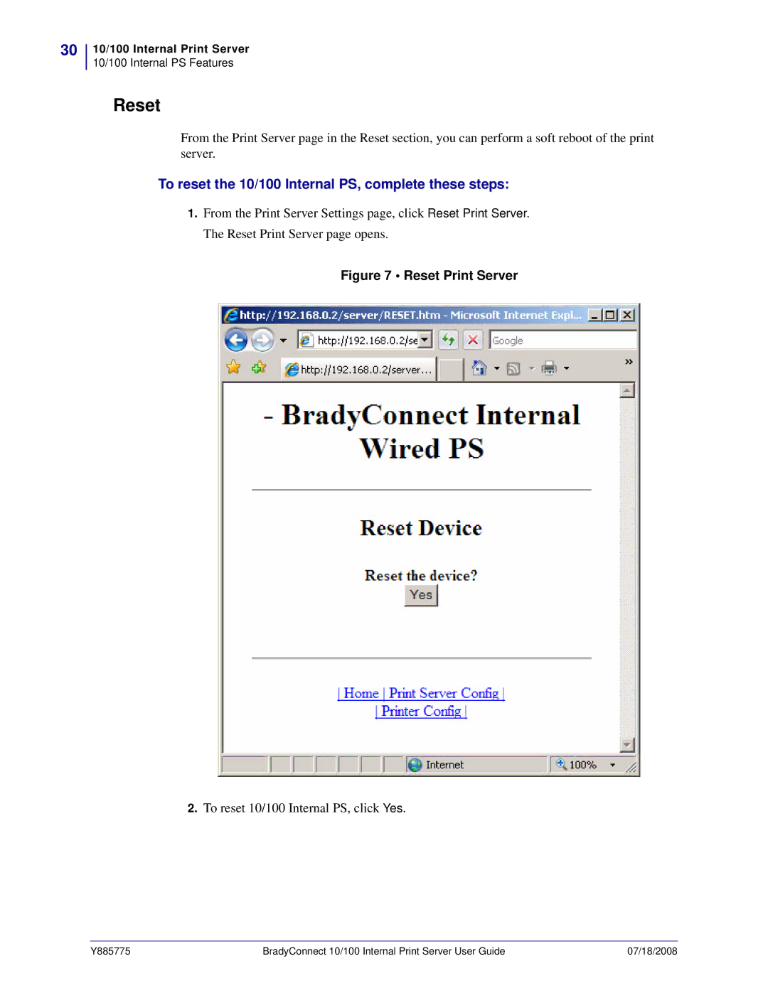 Brady BBP81 manual Reset, To reset the 10/100 Internal PS, complete these steps 