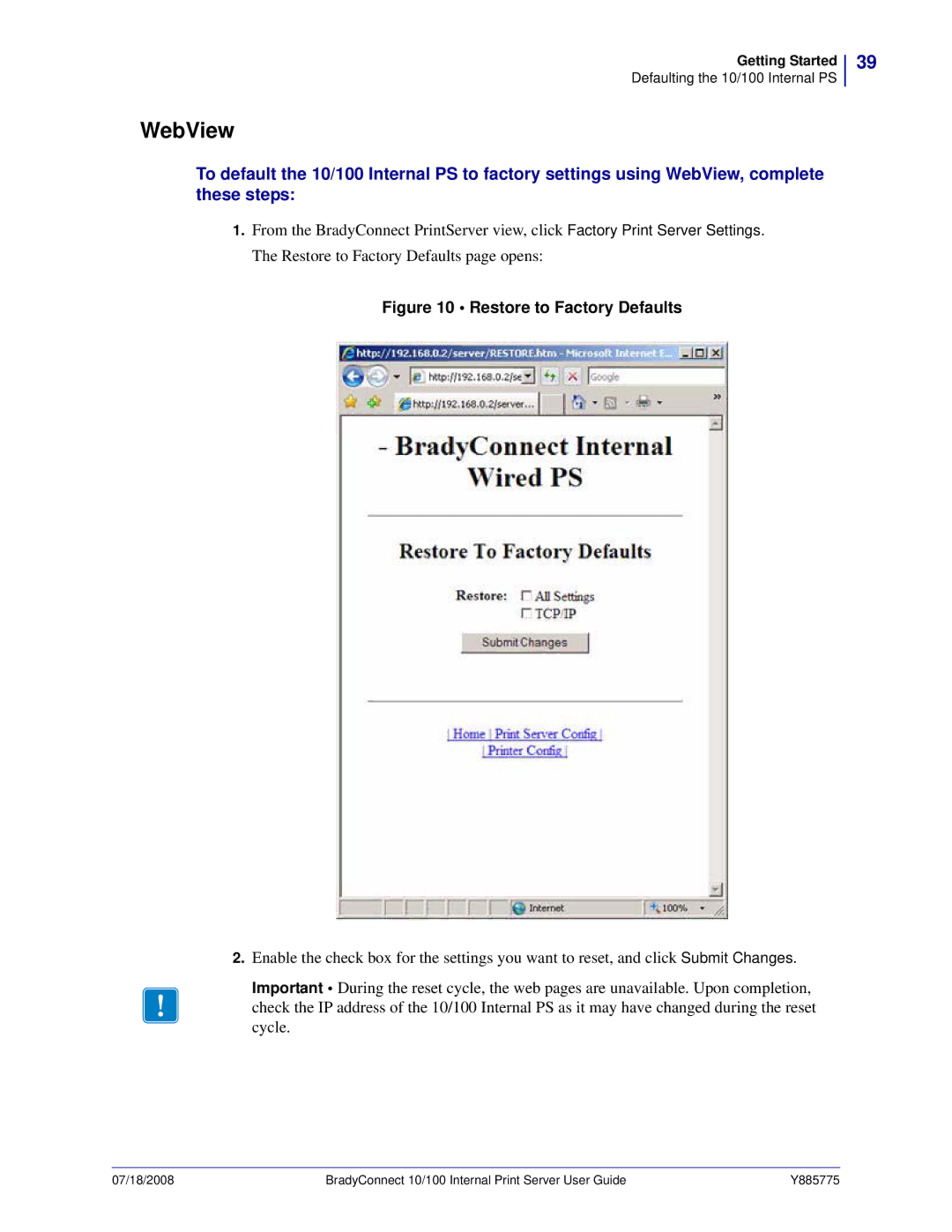 Brady BBP81 manual WebView, Restore to Factory Defaults 