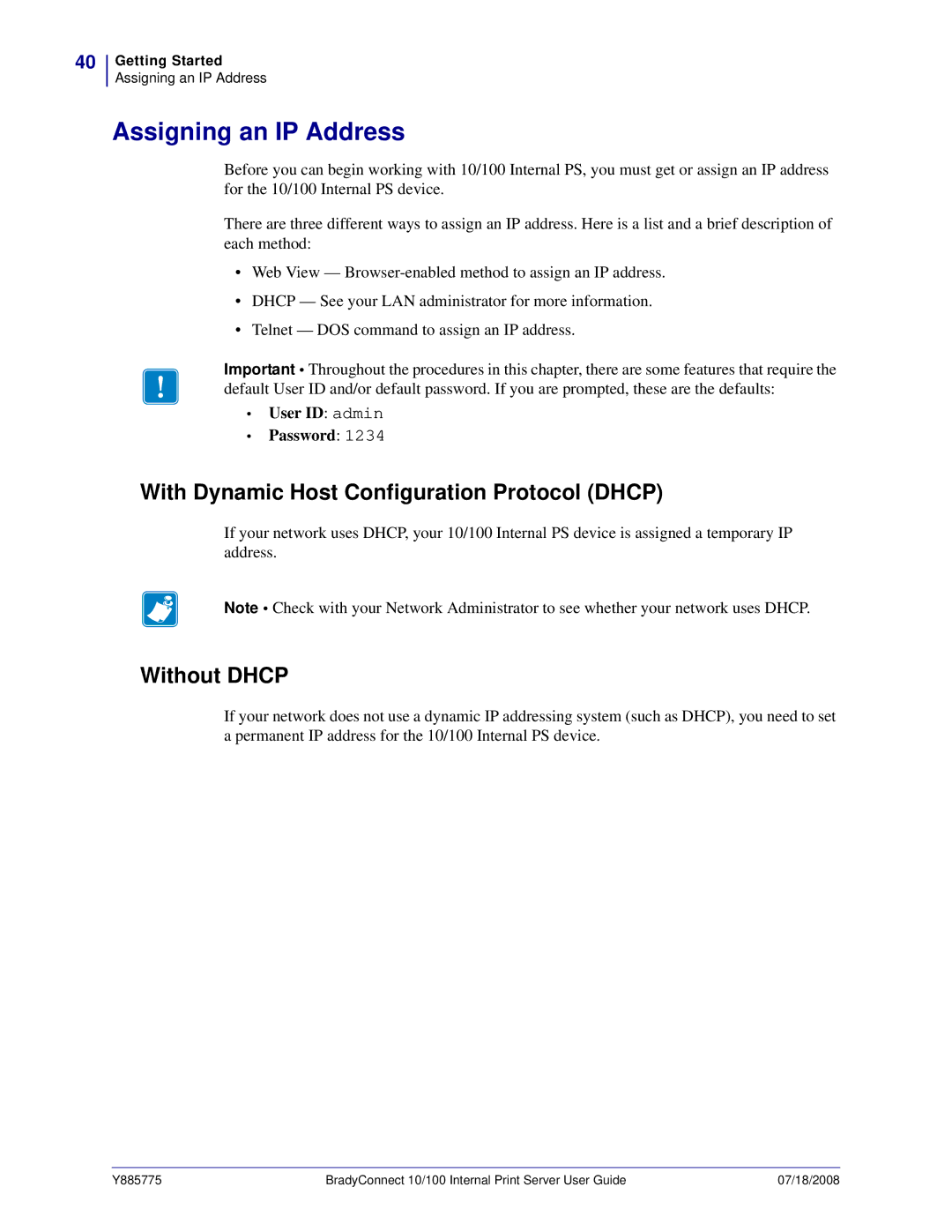 Brady BBP81 manual Assigning an IP Address, With Dynamic Host Configuration Protocol Dhcp, Without Dhcp 