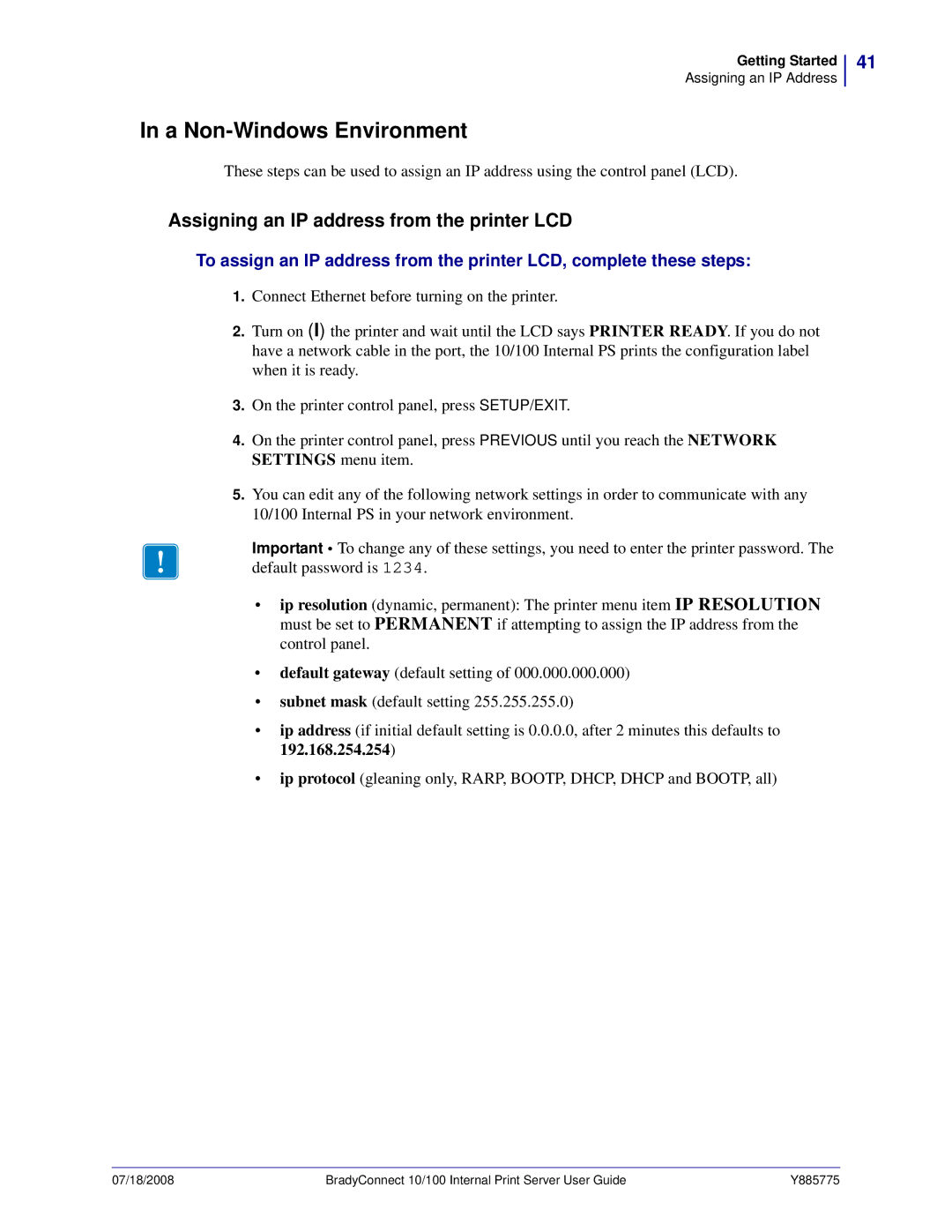 Brady BBP81 manual A Non-Windows Environment, Assigning an IP address from the printer LCD 