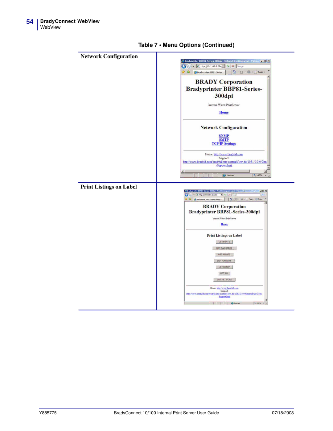 Brady BBP81 manual Network Configuration Print Listings on Label 