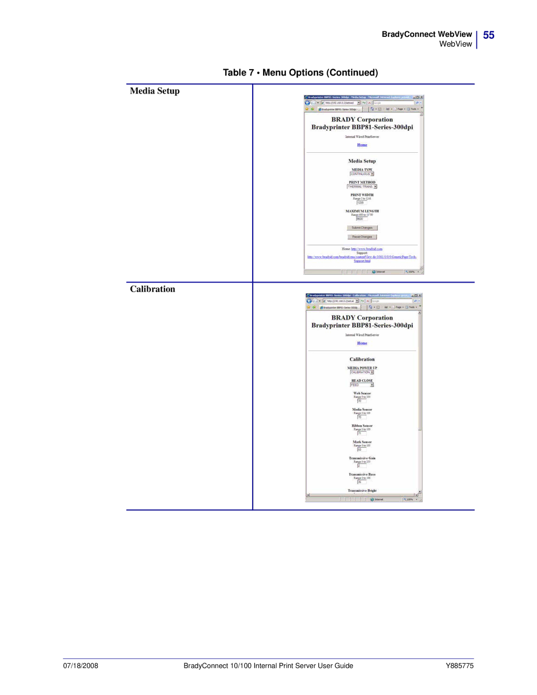 Brady BBP81 manual Media Setup Calibration 