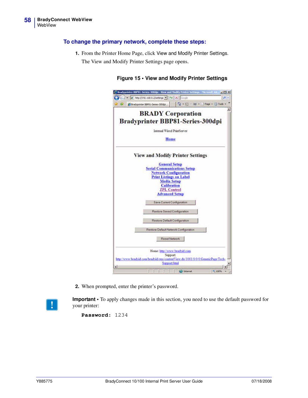 Brady BBP81 manual To change the primary network, complete these steps, View and Modify Printer Settings 