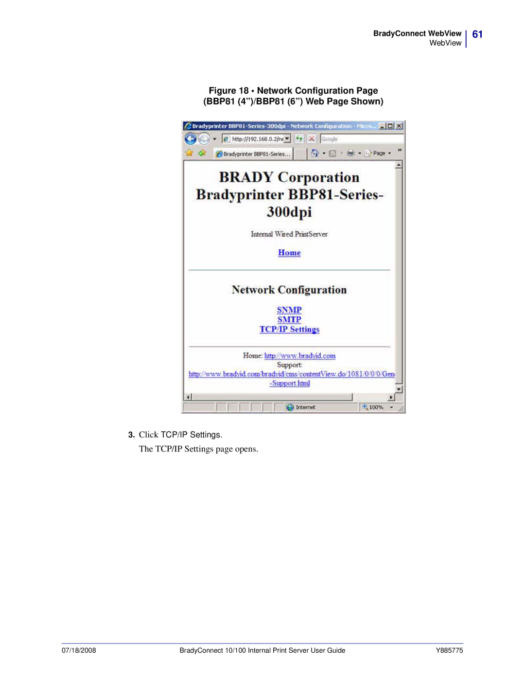 Brady BBP81 manual TCP/IP Settings page opens 