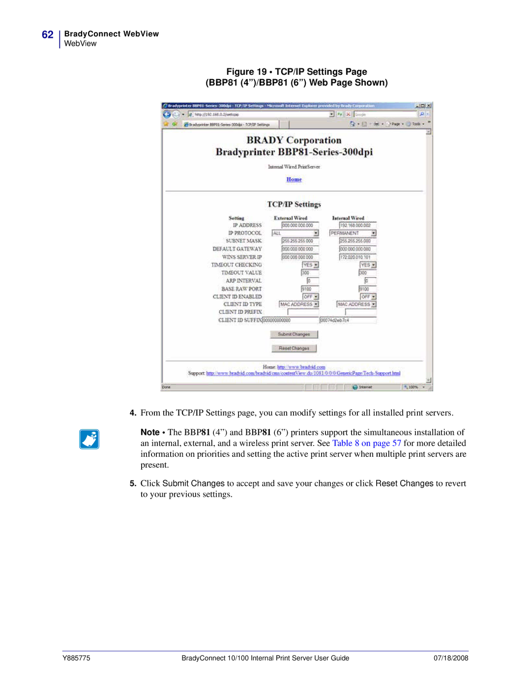 Brady manual TCP/IP Settings BBP81 4/BBP81 6 Web Page Shown 