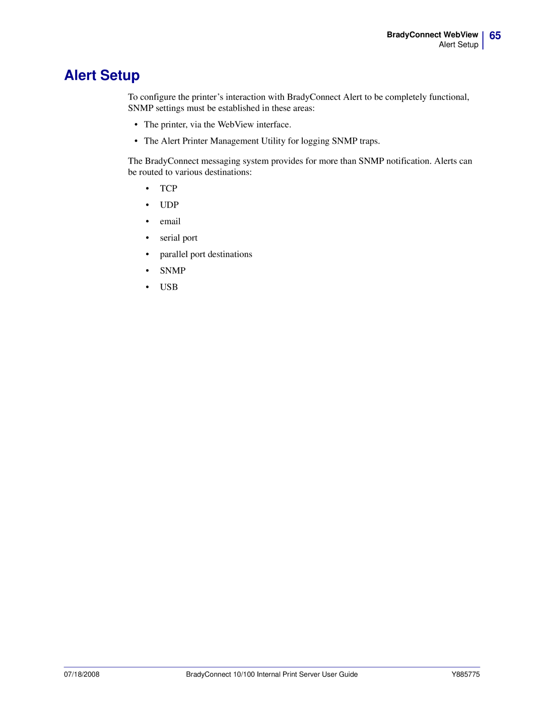 Brady BBP81 manual Alert Setup, Snmp USB 