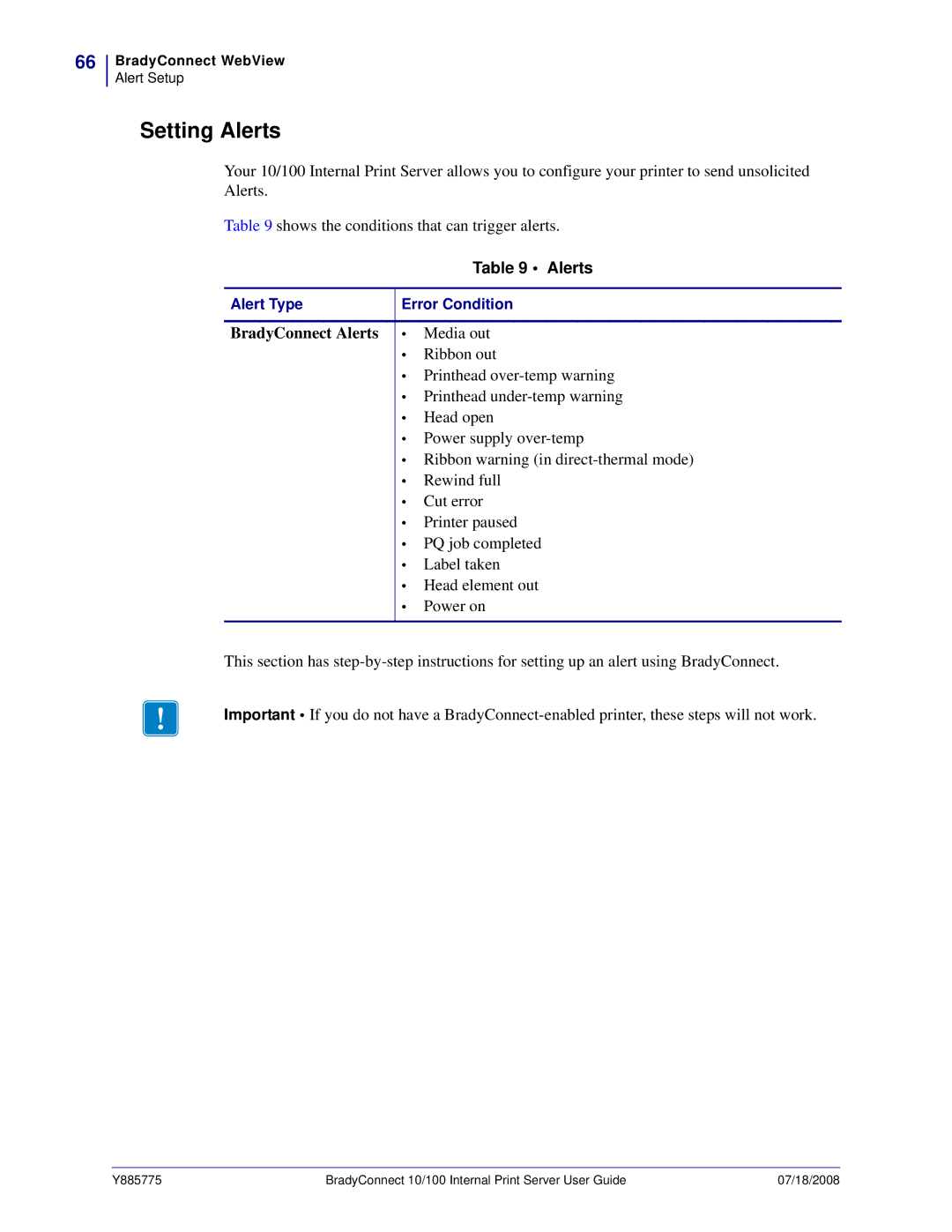 Brady BBP81 manual Setting Alerts, BradyConnect Alerts 