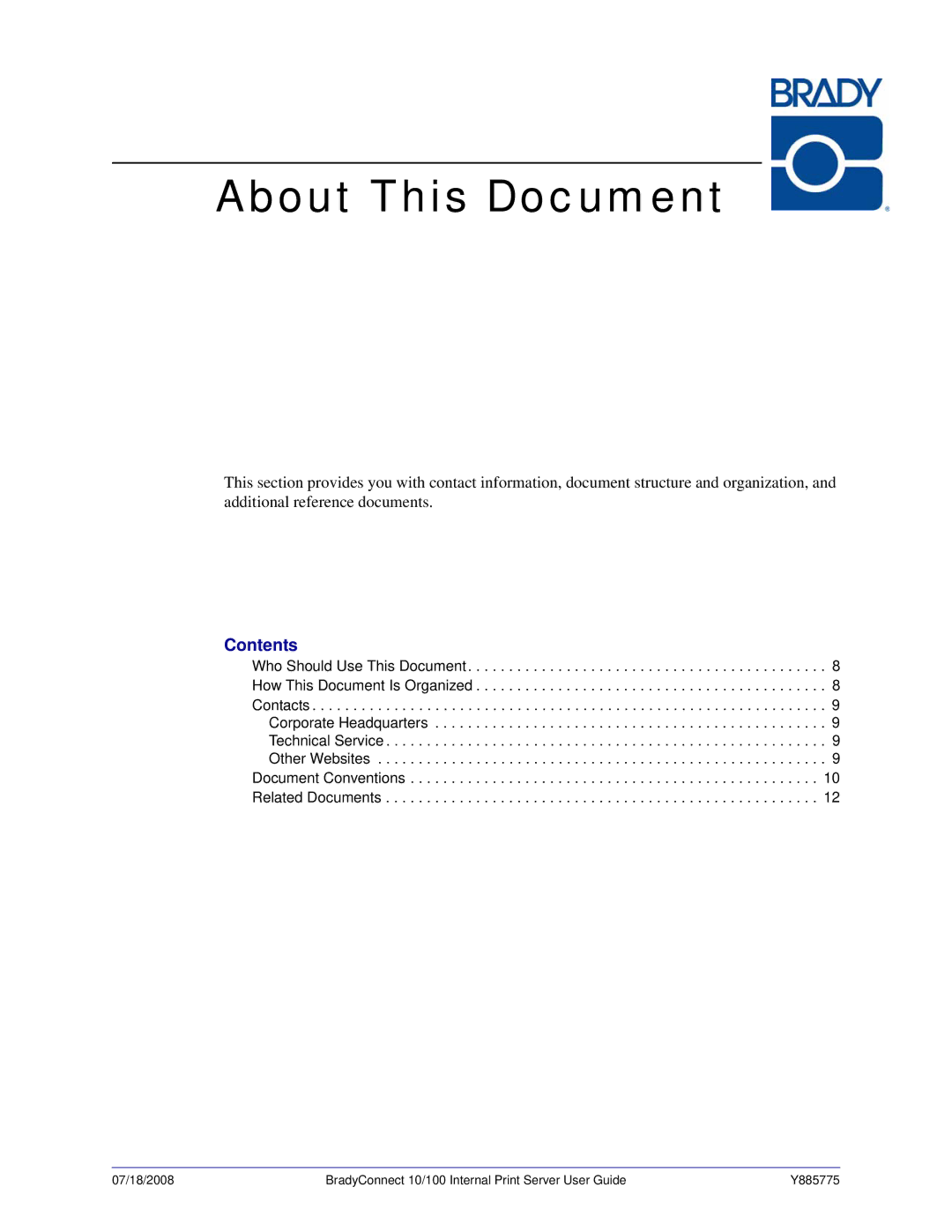 Brady BBP81 manual About This Document, Contents 