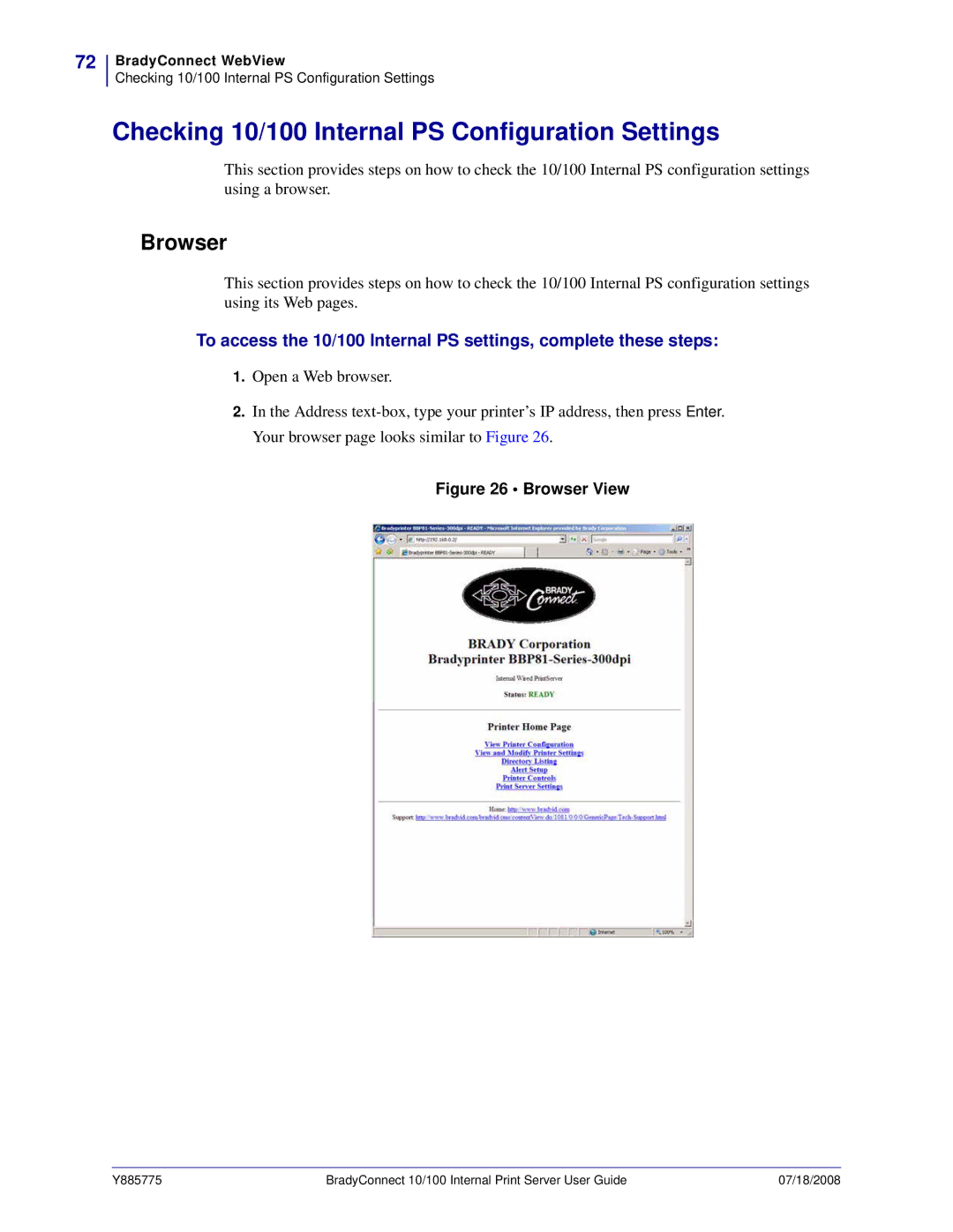 Brady BBP81 manual Checking 10/100 Internal PS Configuration Settings, Browser 