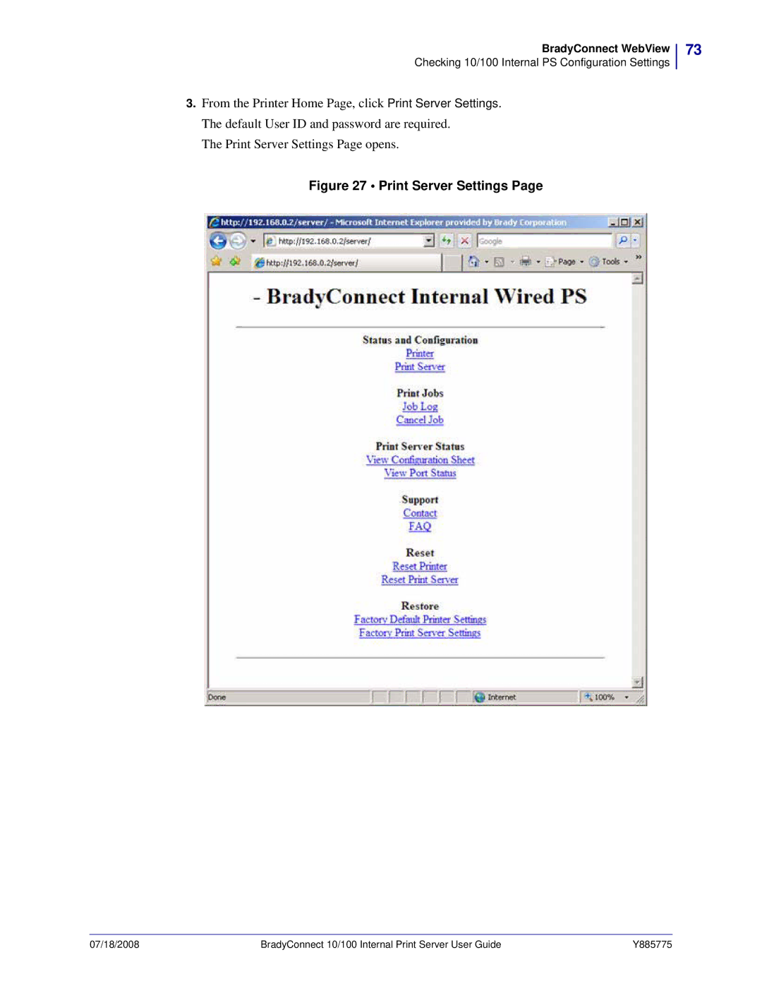 Brady BBP81 manual Print Server Settings 