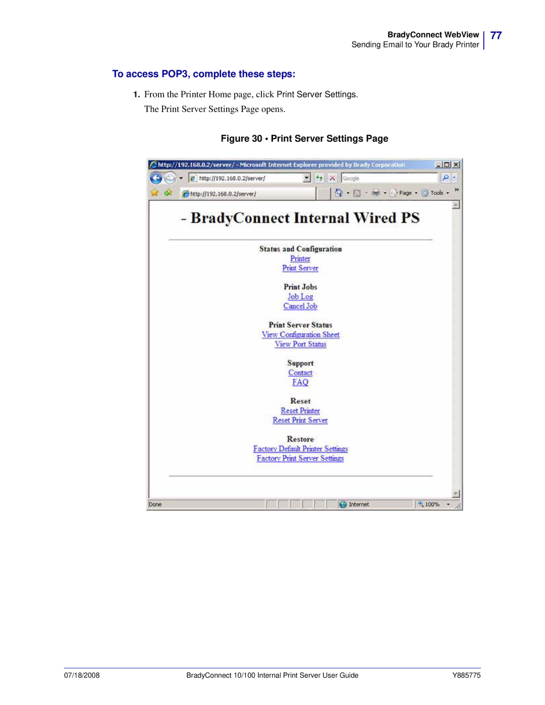 Brady BBP81 manual To access POP3, complete these steps, Print Server Settings 