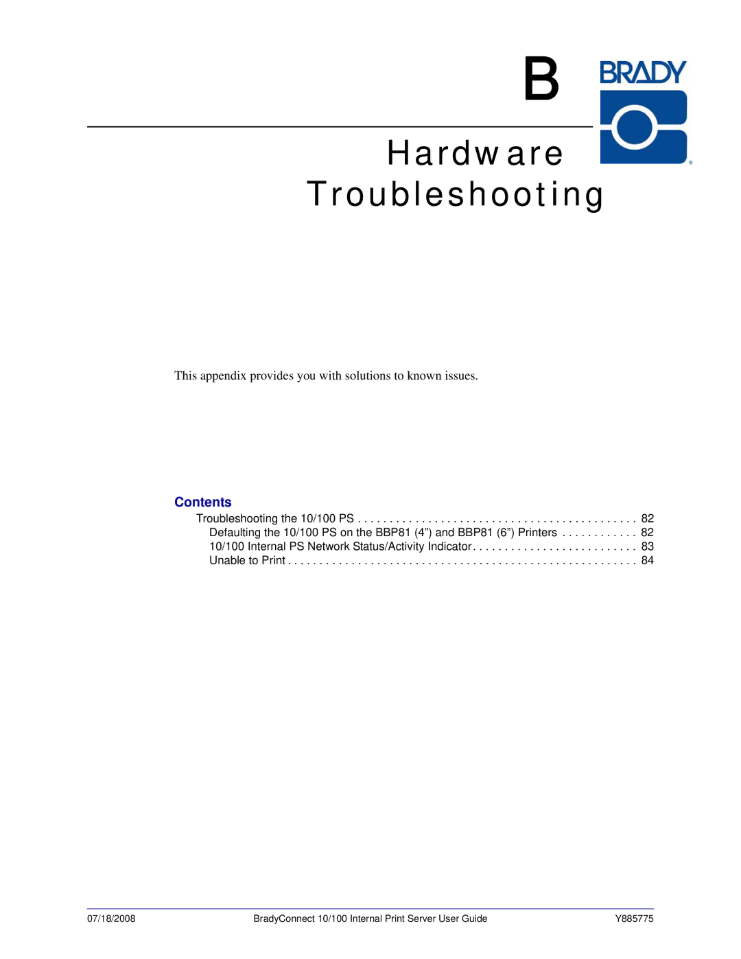 Brady BBP81 manual Hardware Troubleshooting, Contents 