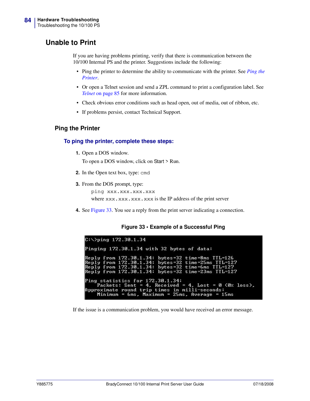 Brady BBP81 manual Unable to Print, To ping the printer, complete these steps 