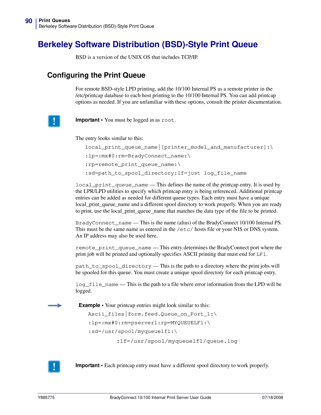 Brady BBP81 manual Berkeley Software Distribution BSD-Style Print Queue, Configuring the Print Queue 