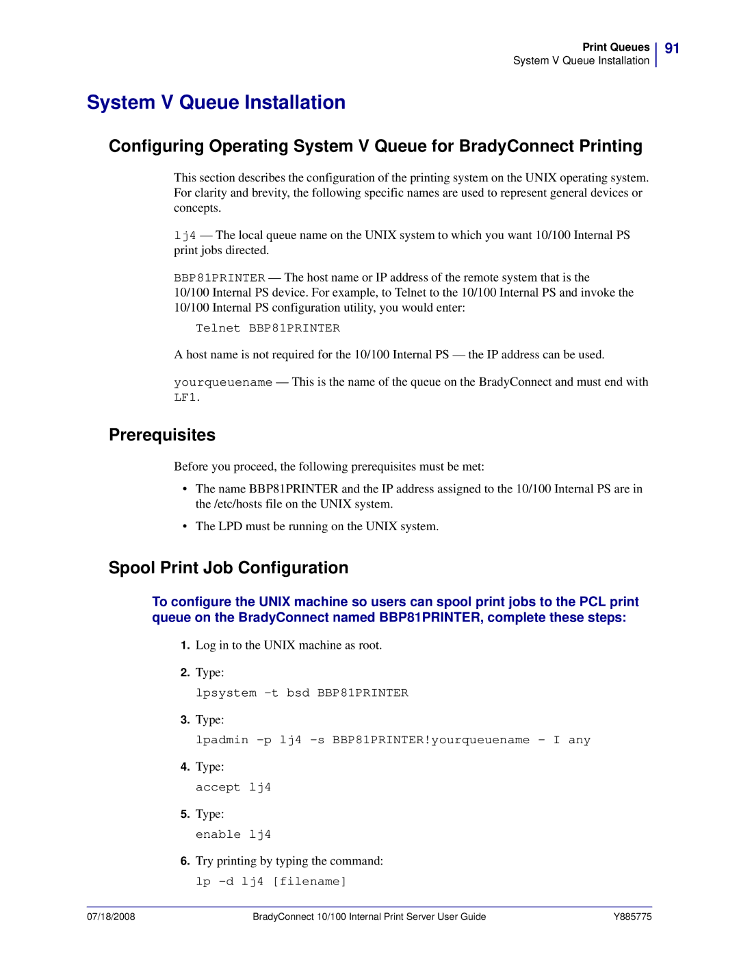 Brady BBP81 manual System V Queue Installation, Prerequisites, Spool Print Job Configuration 