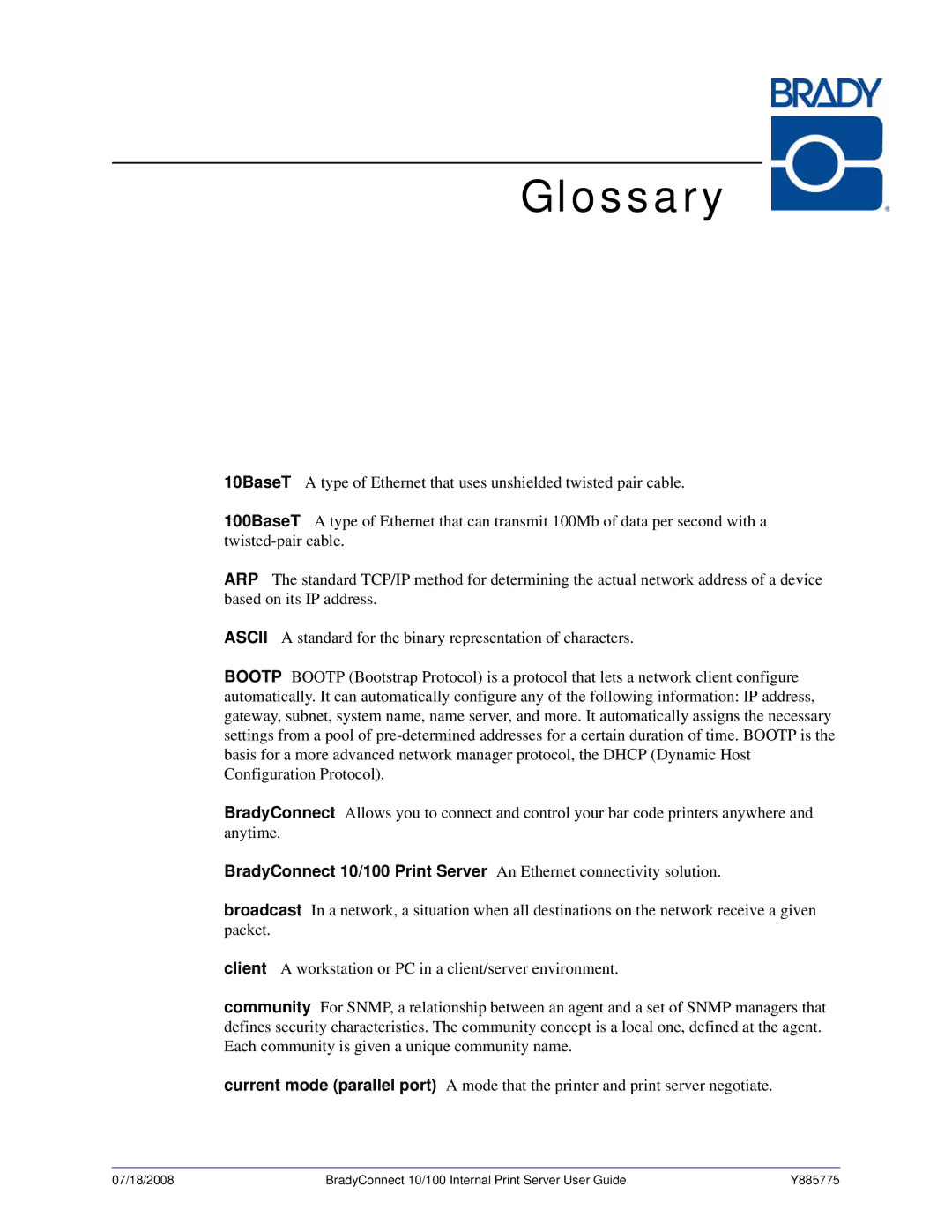 Brady BBP81 manual Glossary 