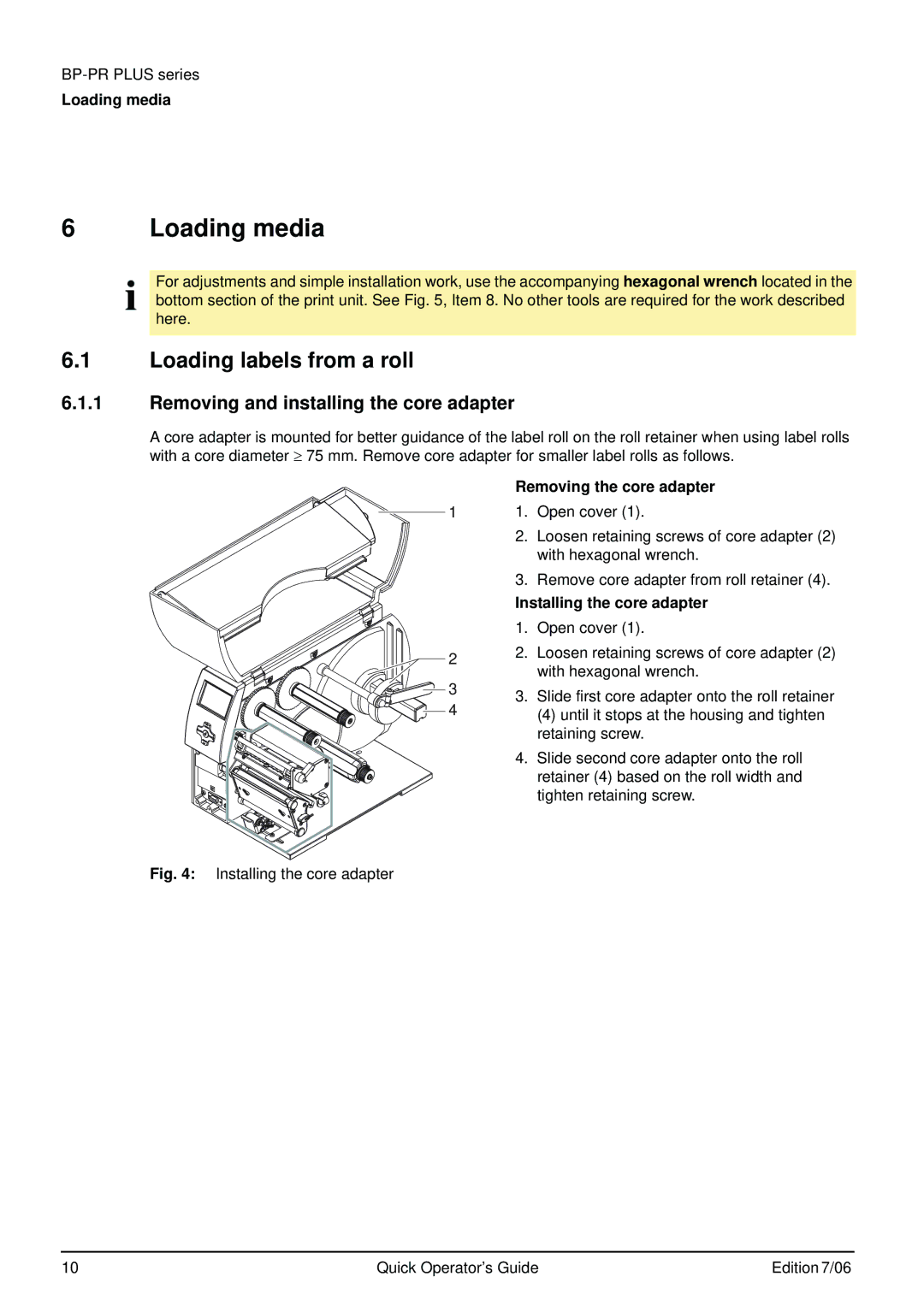 Brady BP-PR PLUS Series manual Loading media, Loading labels from a roll, Removing and installing the core adapter 