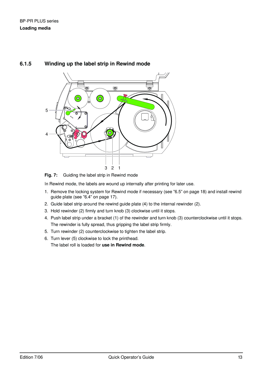 Brady BP-PR PLUS Series manual Winding up the label strip in Rewind mode 