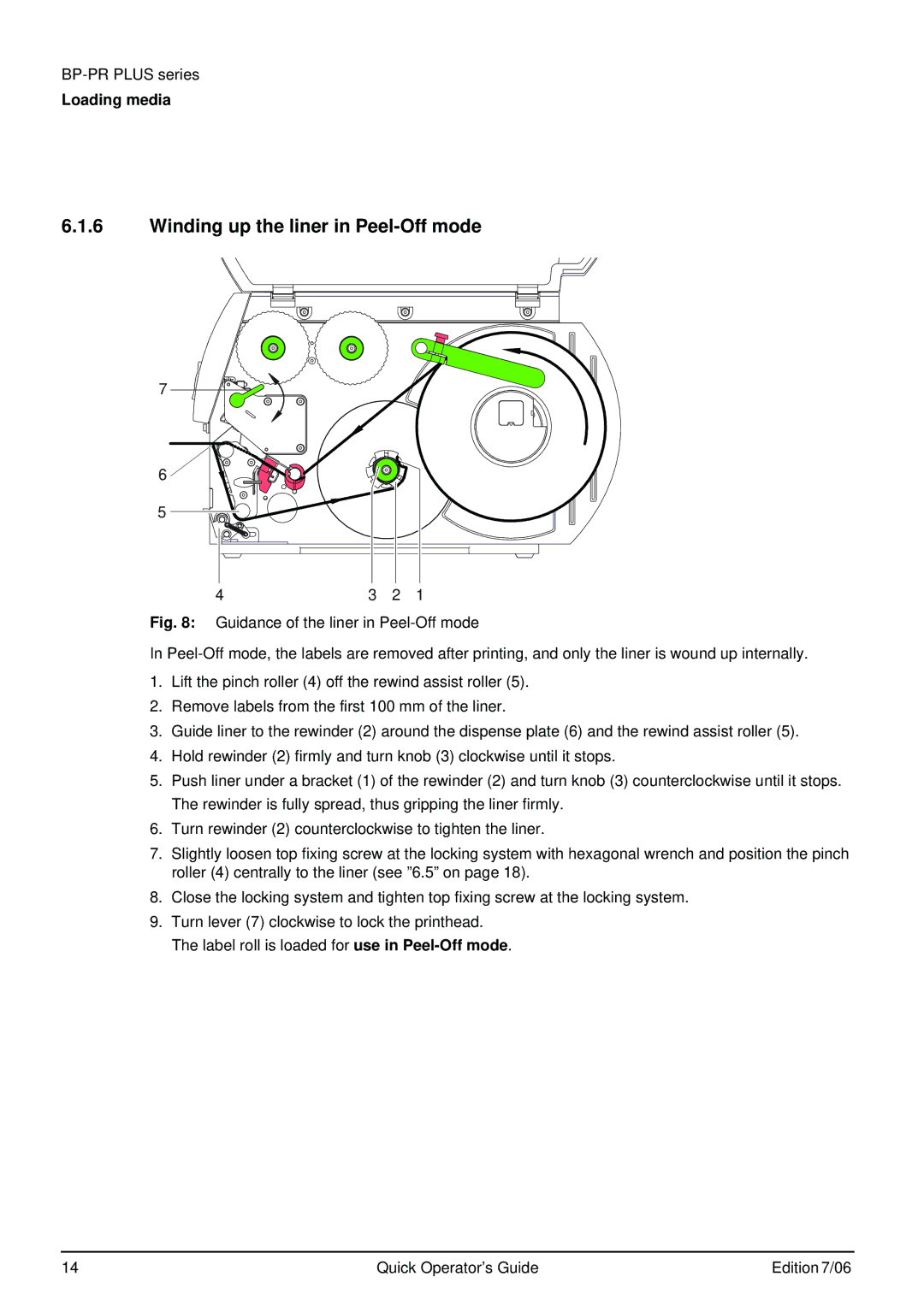 Brady BP-PR PLUS Series manual Winding up the liner in Peel-Off mode 