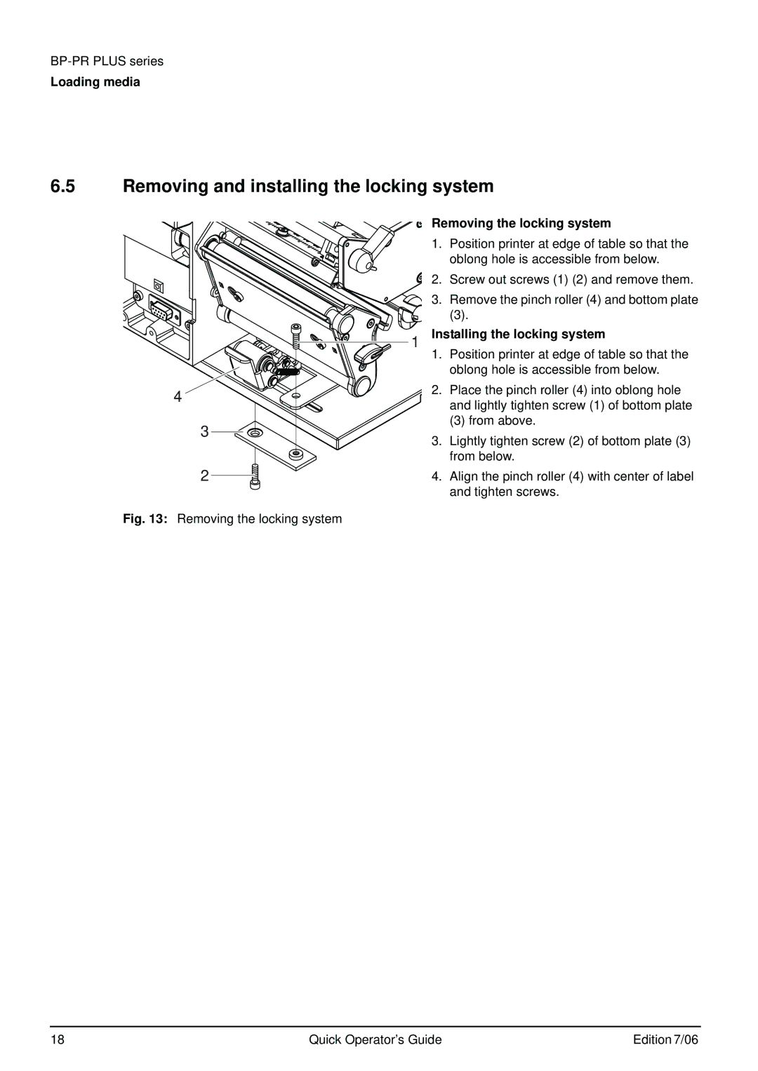 Brady BP-PR PLUS Series manual Removing and installing the locking system, Removing the locking system 