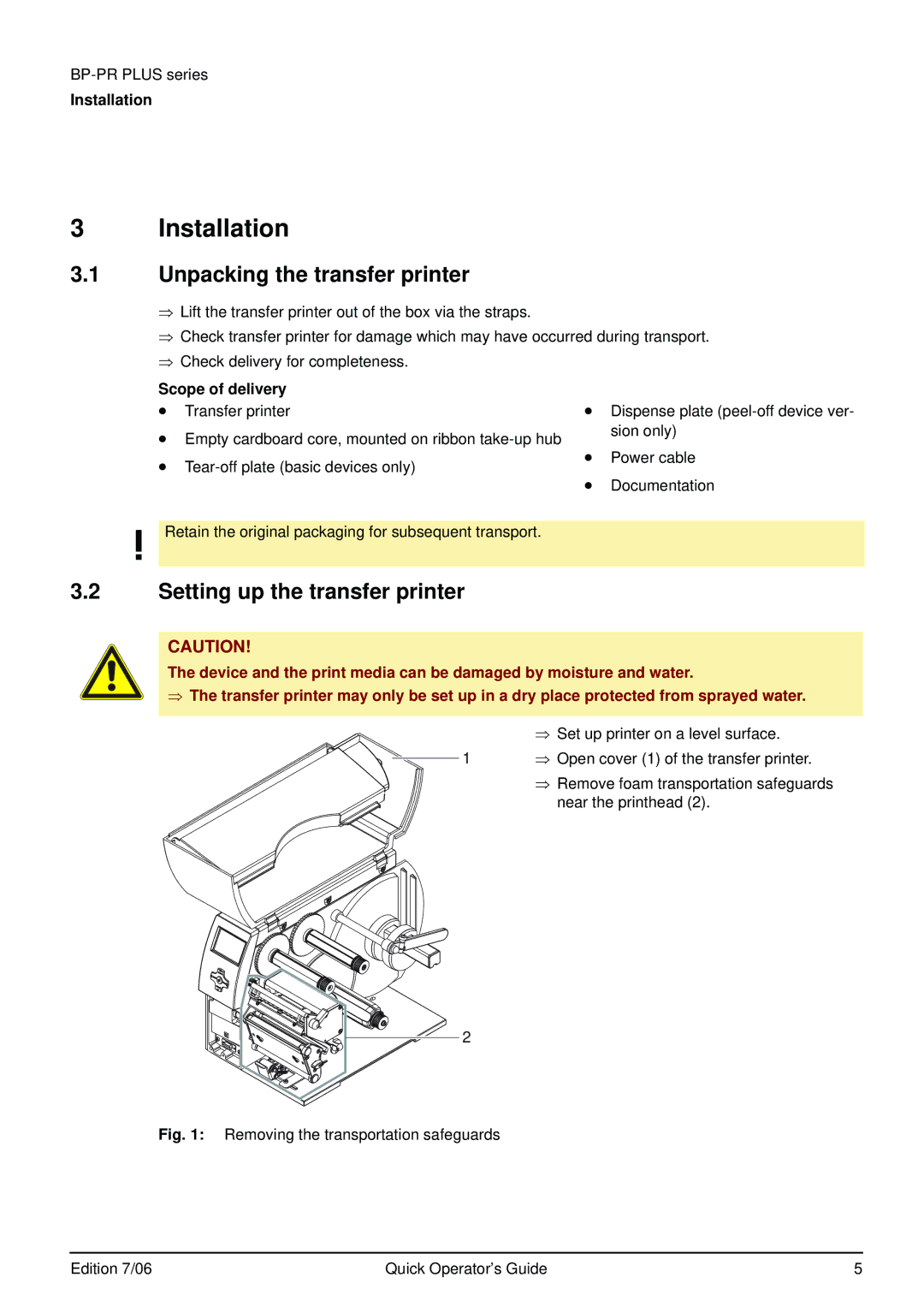 Brady BP-PR PLUS Series Installation, Unpacking the transfer printer, Setting up the transfer printer, Scope of delivery 