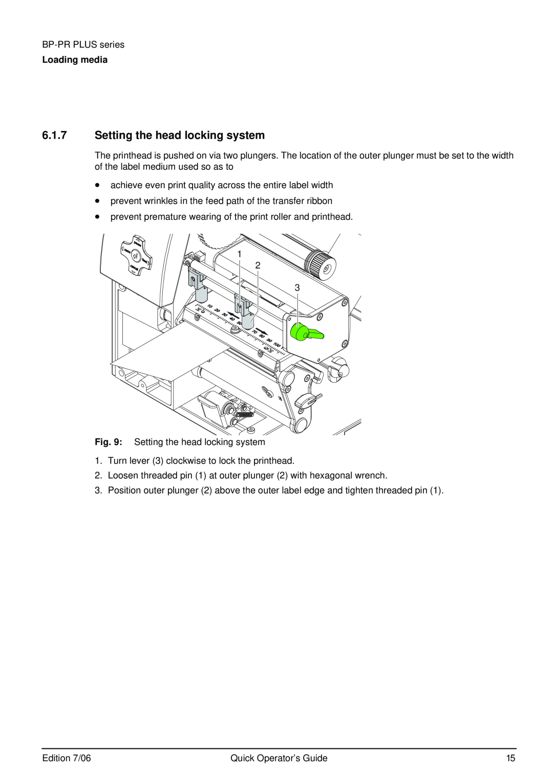 Brady BP-PR PLUS Series manual Setting the head locking system, Loading media 